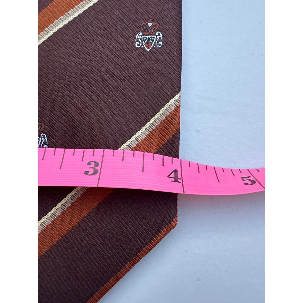 Wembley Mens Vintage Striped Crest Necktie Brown Orange‎ Wide Silk Blend Tie